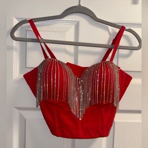 Red Rhinestone Embellished Women's Corset Top